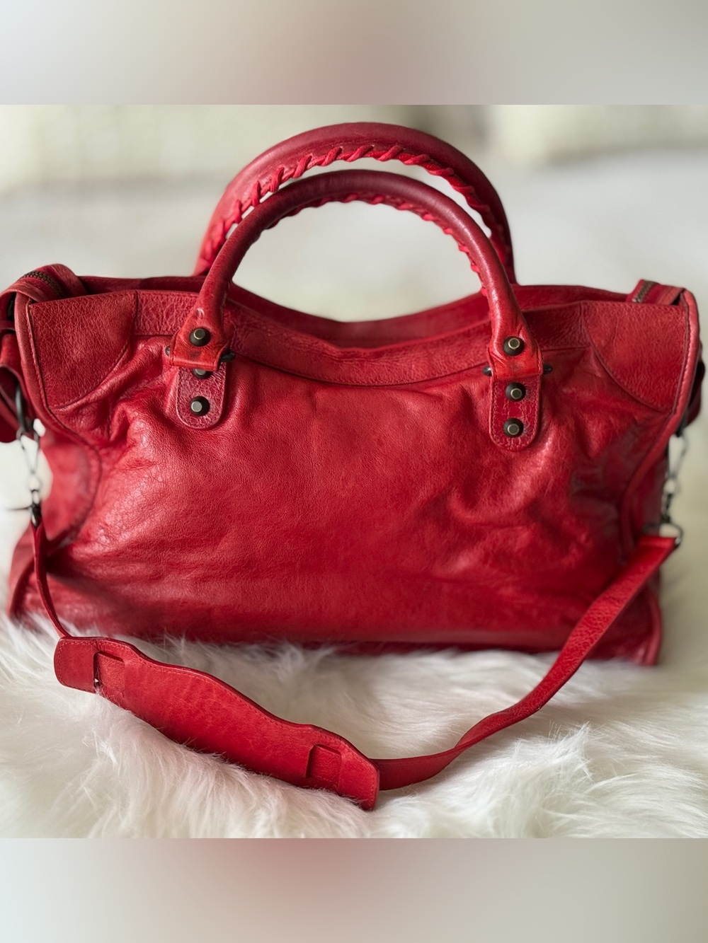 BALENCIAGA CITY BAG BRIGHT RED CHÈVRE LEATHER S/S 2007 MOTO BAG VINTAGE - Picture 11 of 16
